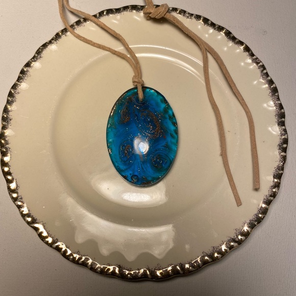 π Tara Designs Large aqua Lamp work oval shaped glass bead copper foil lined. - Picture 2 of 4